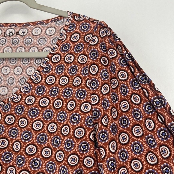 NEW LOFT Medallion Pleated V Neck Long Balloon Sleeve Tee Shirt Orange Size S - Picture 3 of 11